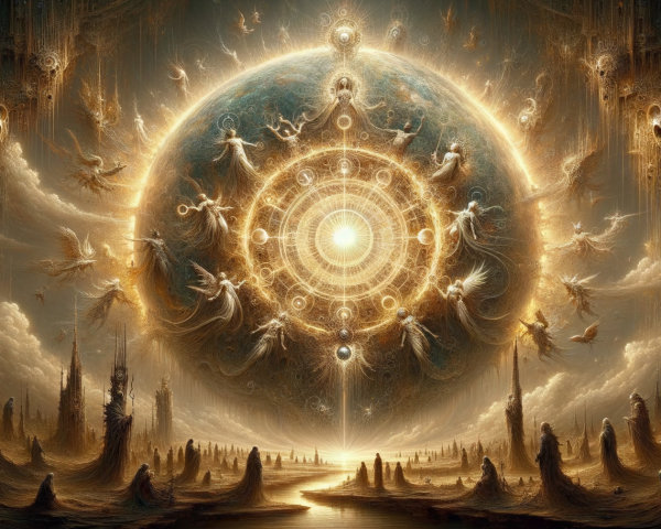 Surreal Cosmic Landscape with Radiant Golden Orb