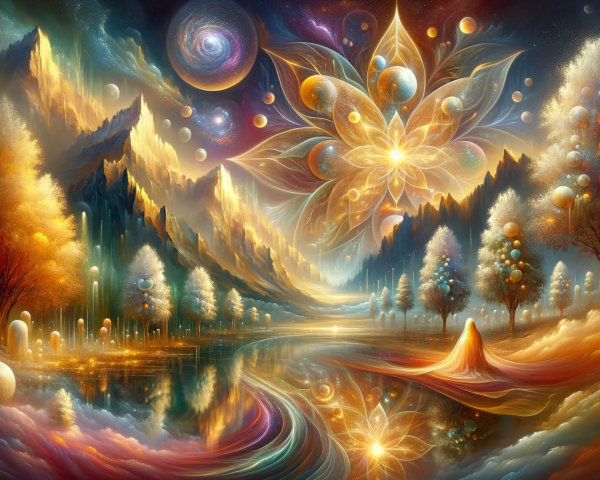 Surreal Landscape with Mountains and Vibrant Trees