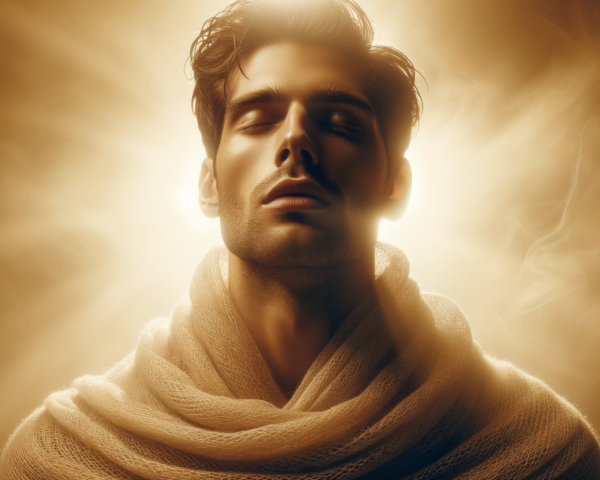 Serene man with glowing aura and soft features