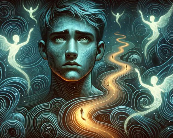 Young man in contemplation with ethereal figures and light