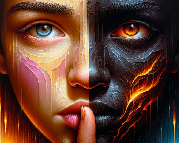 Dual-faced portrait with vibrant and dark themes