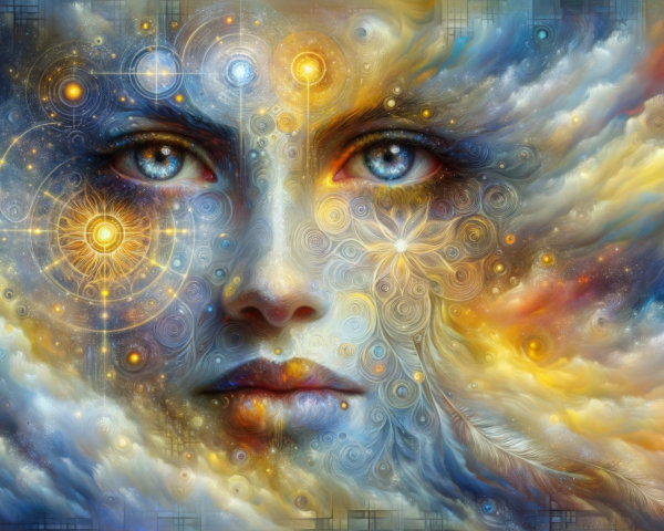 Ethereal Face in Cosmic Clouds and Vibrant Colors