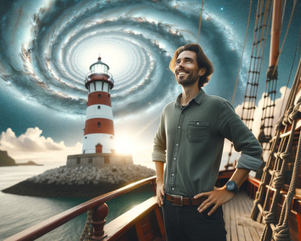 Man on Ship Deck with Galaxy and Lighthouse View