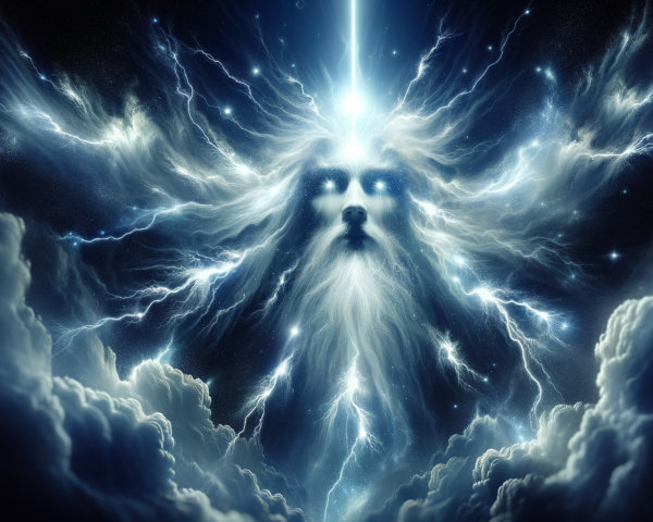 Cosmic Figure Surrounded by Clouds and Lightning Bolts