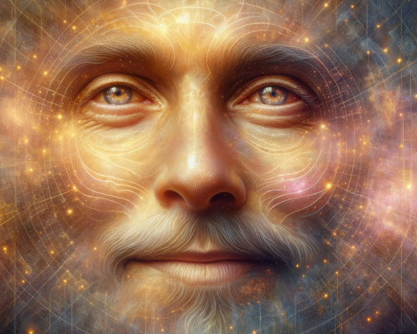 Ethereal Face Surrounded by Cosmic Colors and Patterns