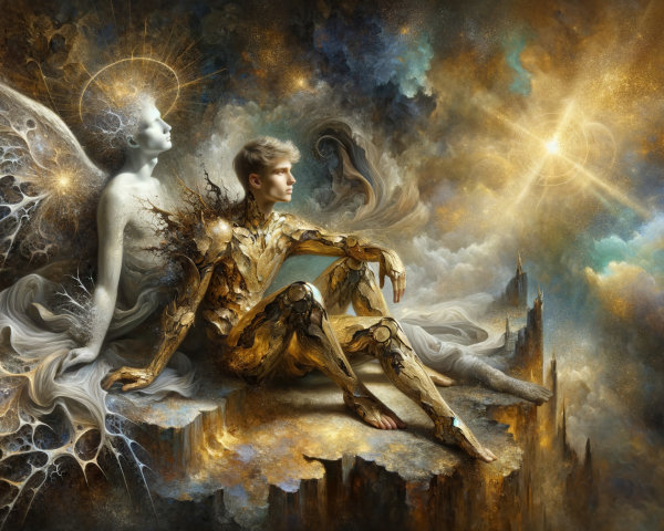 Surreal Landscape with Metallic and Ethereal Beings