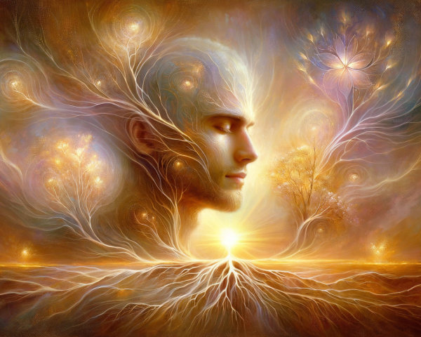 Serene Visage in Vibrant Landscape with Sunrise