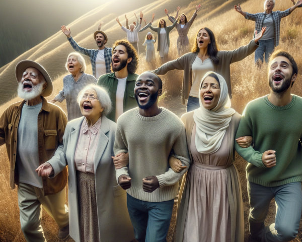 Diverse Group of People Walking Up a Grassy Hill