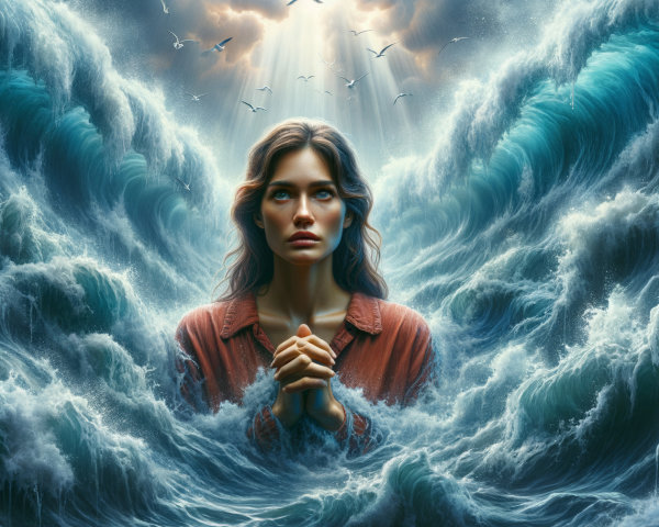 Woman in Contemplation Amidst Tumultuous Ocean Waves