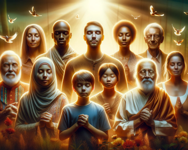 Diverse Group in Serene Unity with Nature's Light