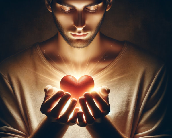 Young man holding glowing red heart in dim light