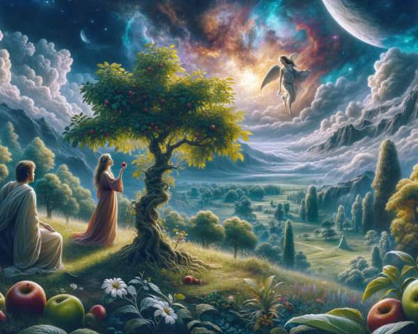 Serene Angel Over Lush Tree in Dreamlike Landscape