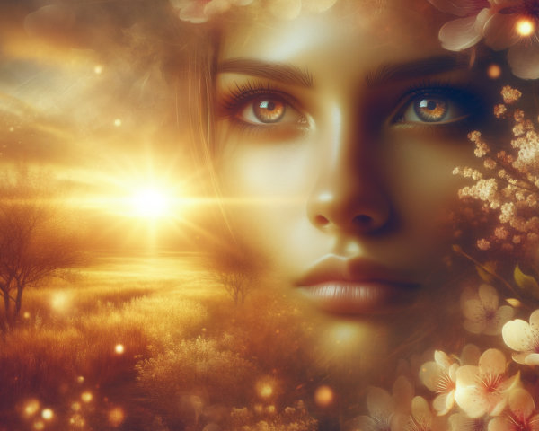 Serene Woman's Portrait in Golden Sunset Landscape