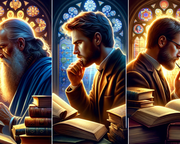 Three Figures in Thought Beneath Stained Glass Light