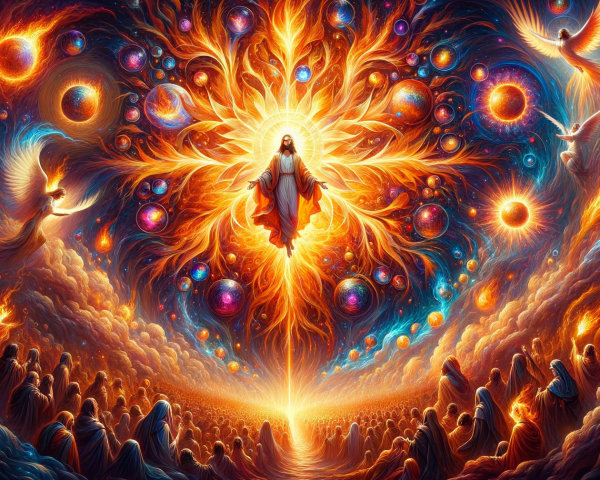 Celestial Scene with Vibrant Colors and Divine Figure