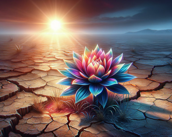 Surreal Flower in Cracked Landscape at Sunrise