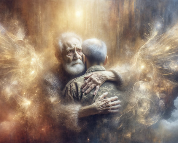 Elderly Man and Soldier in a Dreamlike Embrace