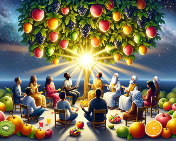 Vibrant Gathering Around a Glowing Fruit Tree