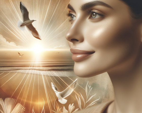 Portrait of a Woman at Sunrise Over the Ocean