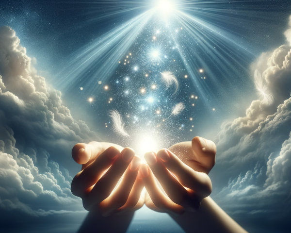 Celestial Scene with Hands Cradling a Glowing Orb