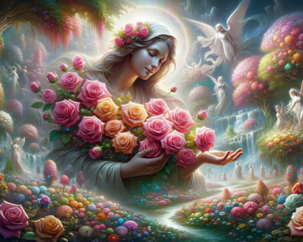 Serene figure in a vibrant garden with fairies and roses