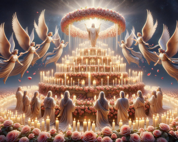 Celestial Scene with Angels and Candlelit Structure