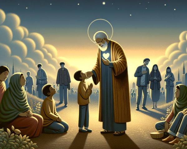 Twilight Scene of Elder and Boy with Glowing Heart