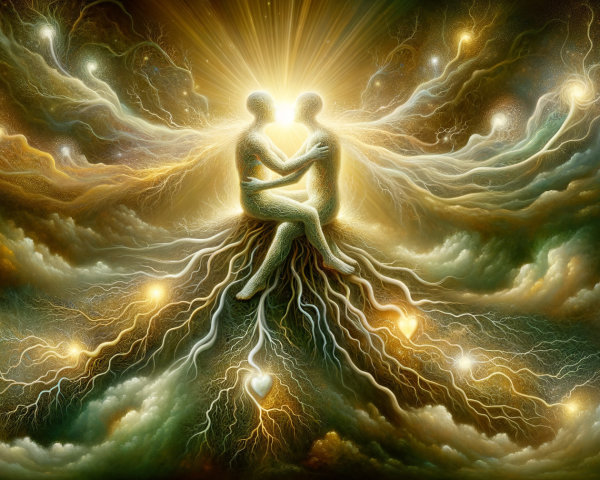 Ethereal Figures Embracing in Cosmic Backdrop