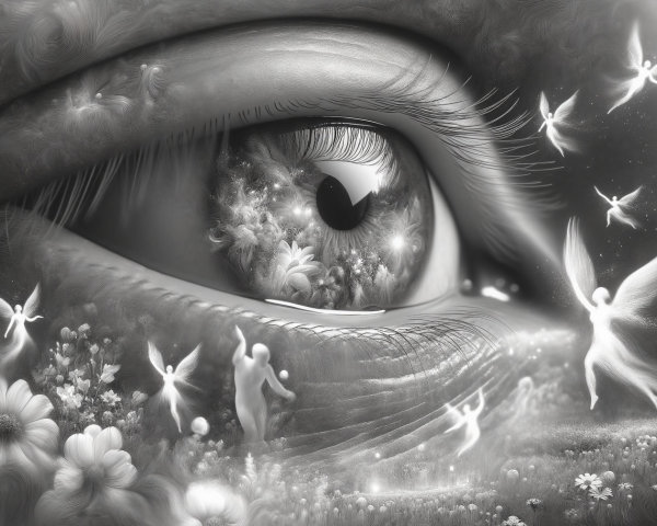 Surreal Eye with Fairies and Swirling Patterns