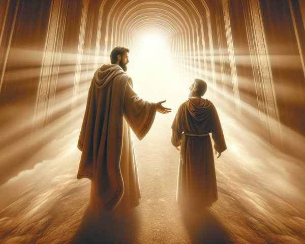 Luminous Corridor with Figures in Flowing Robes