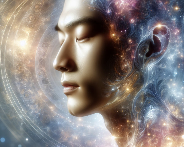 Serene Young Face with Cosmic Glow and Stars