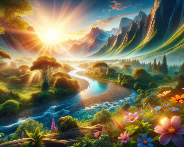 Majestic Sunrise Landscape with River and Wildflowers