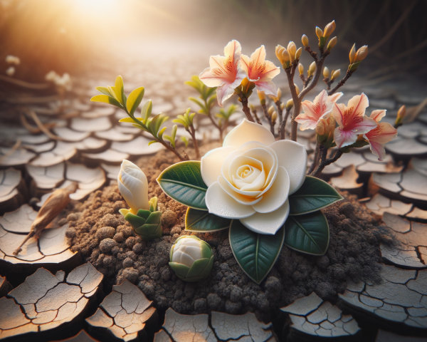 Close-up of a white camellia with green leaves and buds