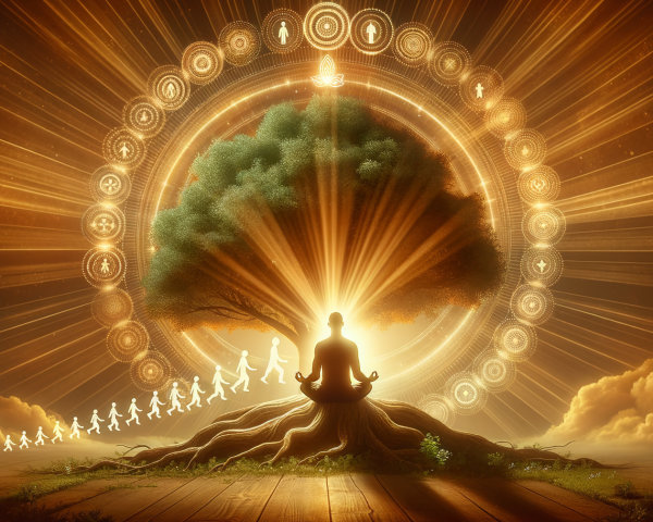 Meditative Figure Under Glowing Tree with Symbols