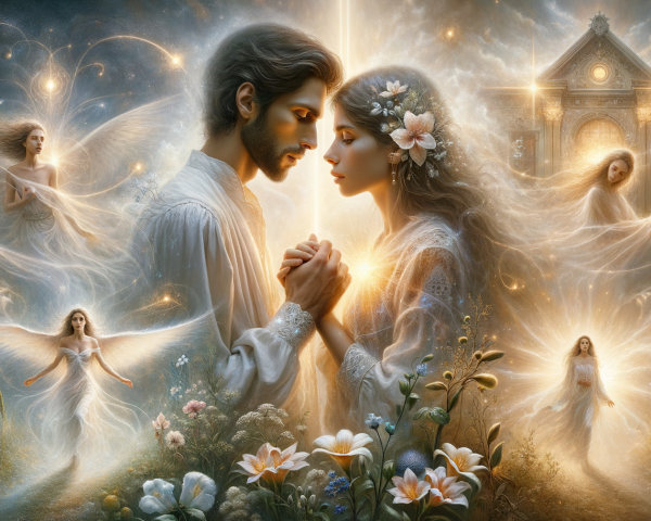 Couple in Mystical Setting Surrounded by Ethereal Light