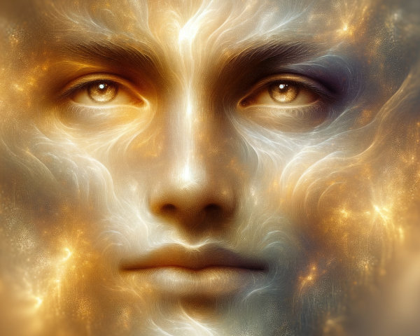 Ethereal face with cosmic patterns and luminous light