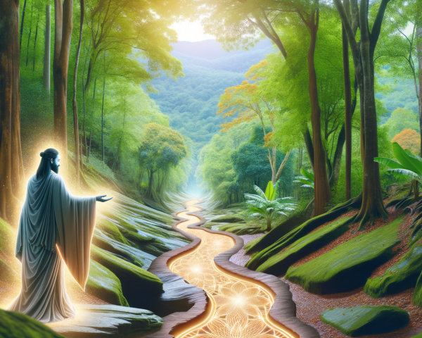 Luminous Figure by a Winding River in a Forest