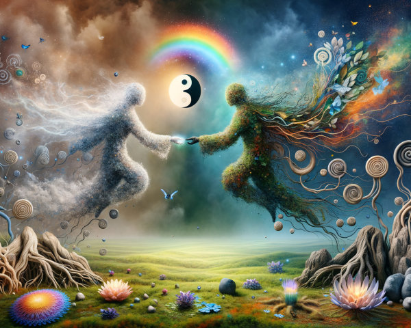 Surreal Landscape with Ethereal Figures of Balance