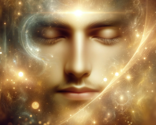 Ethereal Face in Cosmic Background with Golden Light