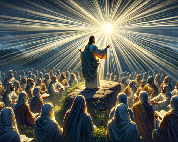 Jesus Teaching a Crowd at Sunset with Mountains