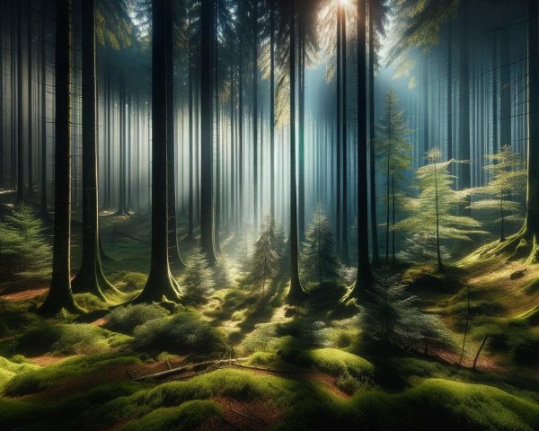 Enchanting Fairytale Forest with Tall Trees and Moss