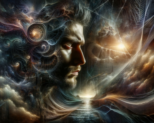 Surreal Portrait of a Man Amid Cosmic Patterns