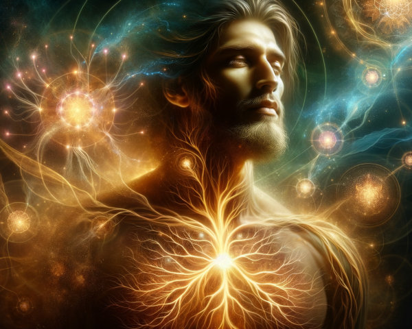 Serene Figure Surrounded by Cosmic Patterns and Light