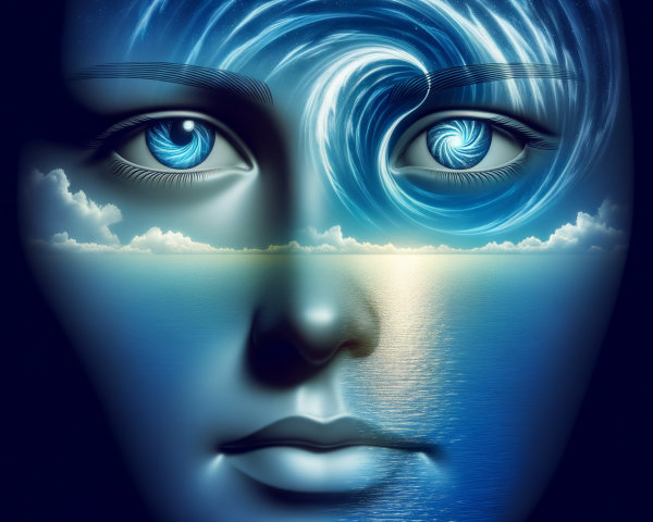 Surreal Close-Up of Human-Like Face with Oceanic Eyes