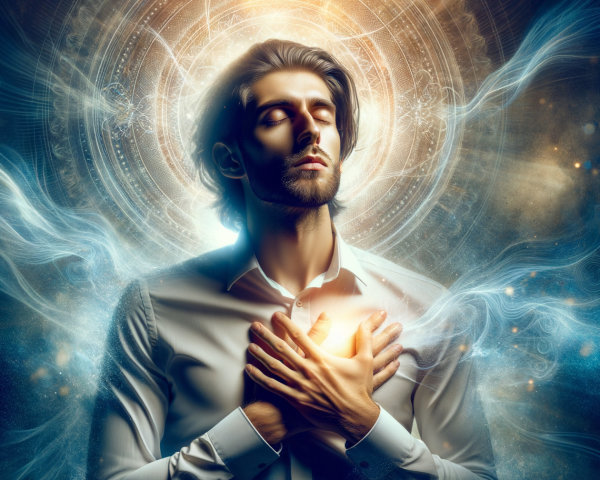 Young man in serene pose with glowing light and patterns