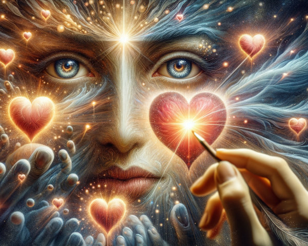 Mystical Face Surrounded by Glowing Hearts and Aura