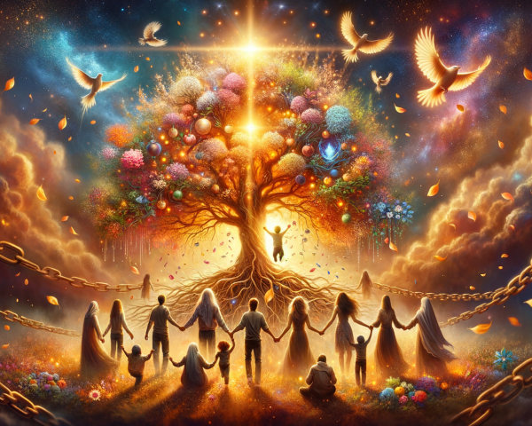 Luminous Tree Surrounded by Ethereal Figures and Doves