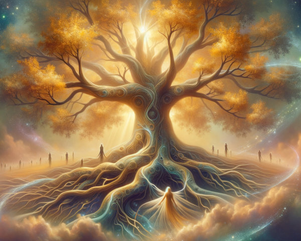 Majestic Tree with Golden Leaves in Dreamlike Landscape