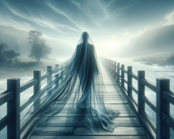 Translucent Figure on Bridge with Luminous Horizon