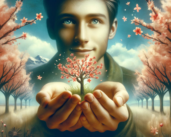Young Man with Cherry Blossom Tree in Serene Landscape